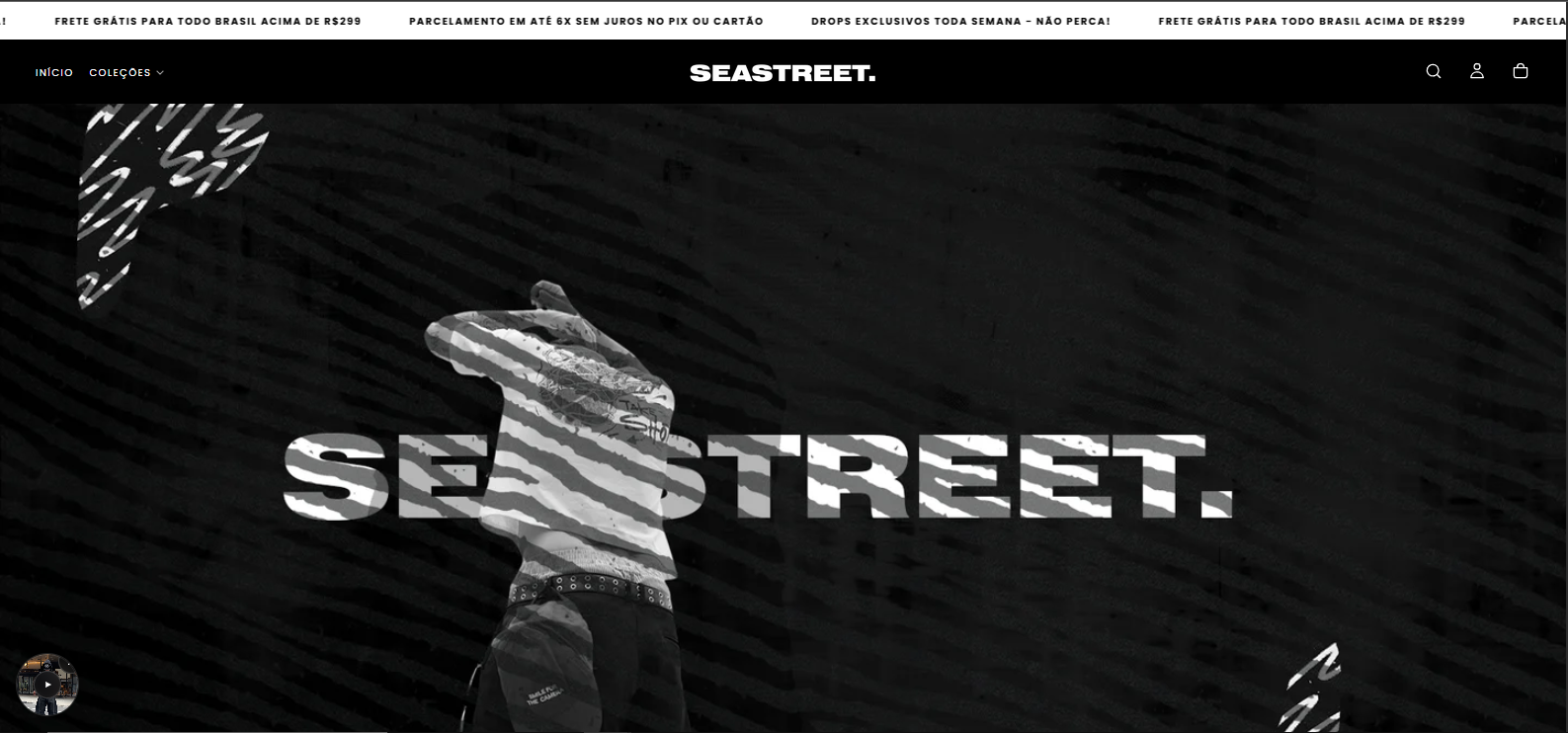 Loja Shopify da SEASTREET: página inicial com barra de avisos, menu e banner de marca